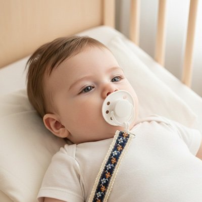 Attache tetine bébé dans son lit avec son attache tétine 