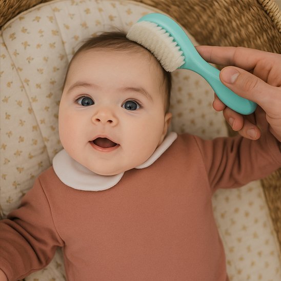 Brosse cheveux pour bebe maman montrant la brosse à cheveux à son bébé