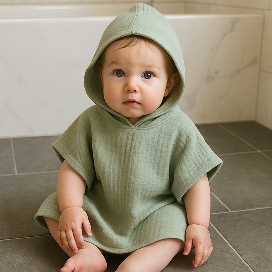 Cape de bain bébé bébé assis par terre vêtu de sa cape de bain