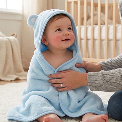 Cape de bain bébé bébé assis portant une cape de bain bleu