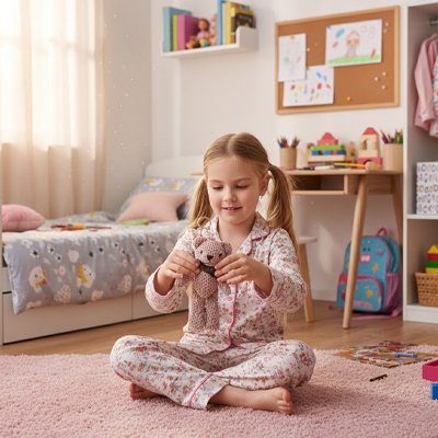 Ours en peluche fillette assis par terre avec sa peluche