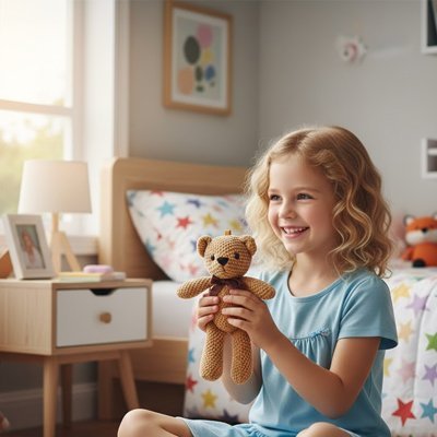 Ours en peluche fillette jouant avec sa peluche