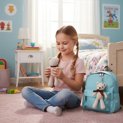 Ours en peluche fillette tenant sa peluche