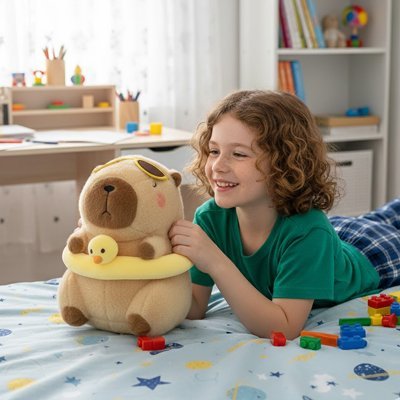 Peluche Capybara enfant riant avec sa peluche