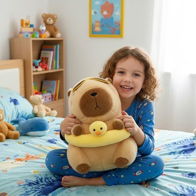 Peluche Capybara enfant tenant sa peluche