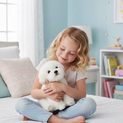 Peluche chien enfant assis avec sa peluche sur lui