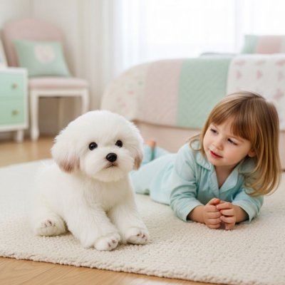 Peluche chien enfant coucher par terre avec sa peluche