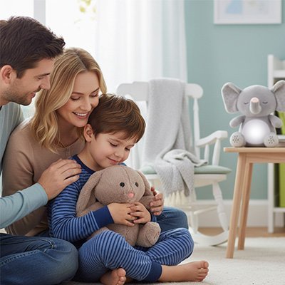 Peluche qui respire avec papa et maman