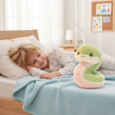 Peluche serpent enfant dormant avec sa peluche à côté de lui