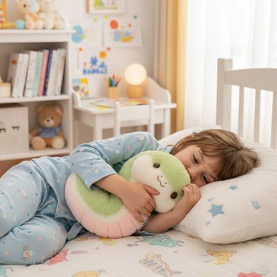 Peluche serpent enfant dormant avec sa peluche coller sur lui