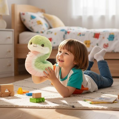 Peluche serpent enfant jouant avec sa peluche