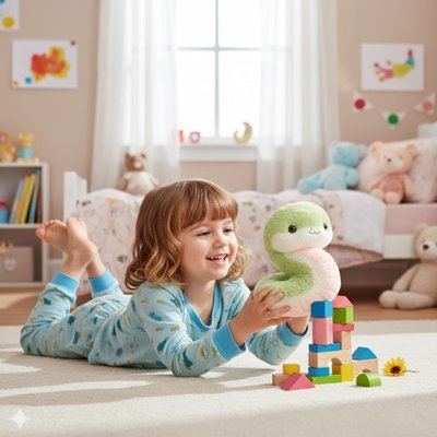 Peluche serpent fillette jouant avec la peluche