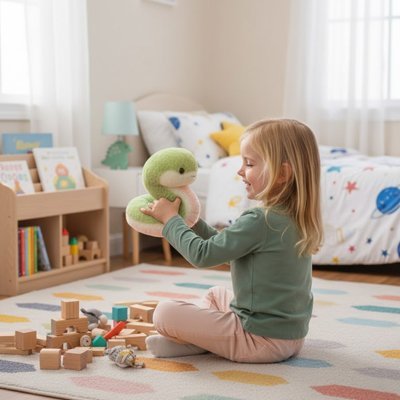 Peluche serpent fillette tenant la peluche