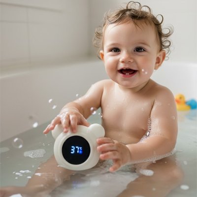 Thermometre de bain bébé montrant son thermomètre 