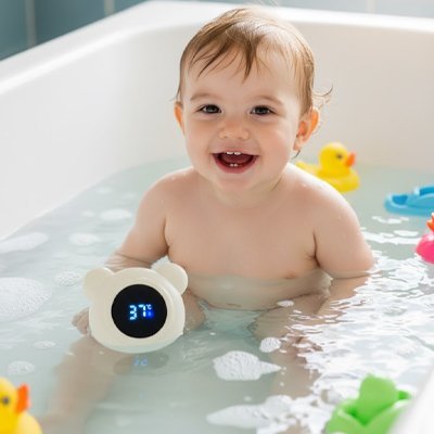 Thermometre de bain bébé qui joue avec son thermomètre 