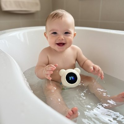 Thermometre de bain bébé souriant dans le bain avec son thermomètre 